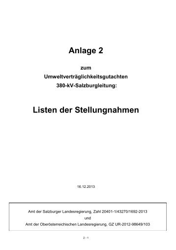 Anlage 2 Listen der Stellungnahmen - Land Salzburg