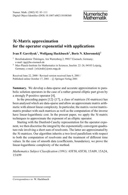 H-Matrix approximation for the operator exponential with applications