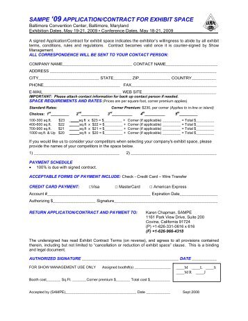 SAMPE '09 APPLICATION/CONTRACT FOR EXHIBIT SPACE