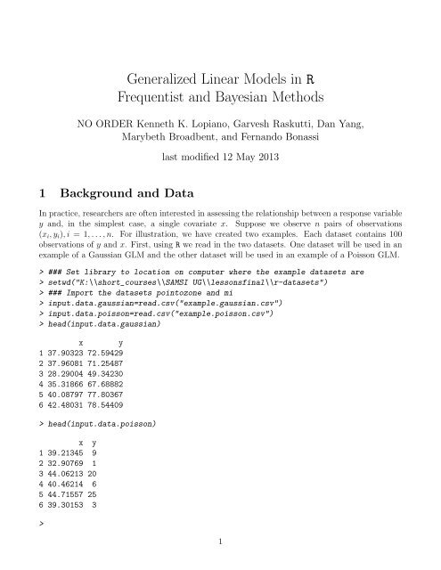 Generalized Linear Models in R Frequentist and Bayesian ... - SAMSI