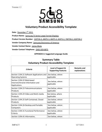 Voluntary Product Accessibility Template - Samsung