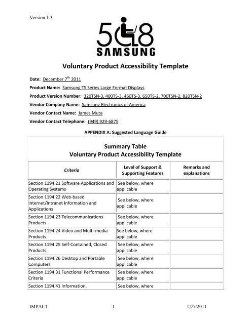 Voluntary Product Accessibility Template - Samsung