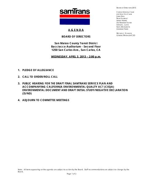 A G E N D A BOARD OF DIRECTORS San Mateo ... - SamTrans