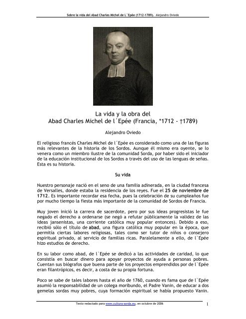 La vida y la obra del Abad Charles Michel de lÂ´EpÃ©e ... - cultura Sorda