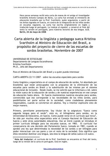 Carta abierta al Ministro de EducaciÃ³n del Brasil, a ... - cultura Sorda