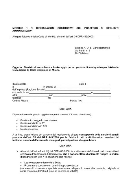 MODULO 1 DI DICHIARAZIONI SOSTITUTIVE SUL POSSESSO DI ...