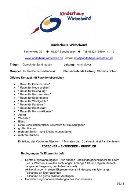 Kurzinfo Kinderhaus Wirbelwind Gemeinde Sandhausen