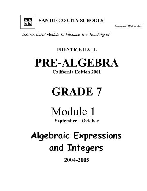 PRE-ALGEBRA GRADE 7 Module 1 - San Diego City Schools