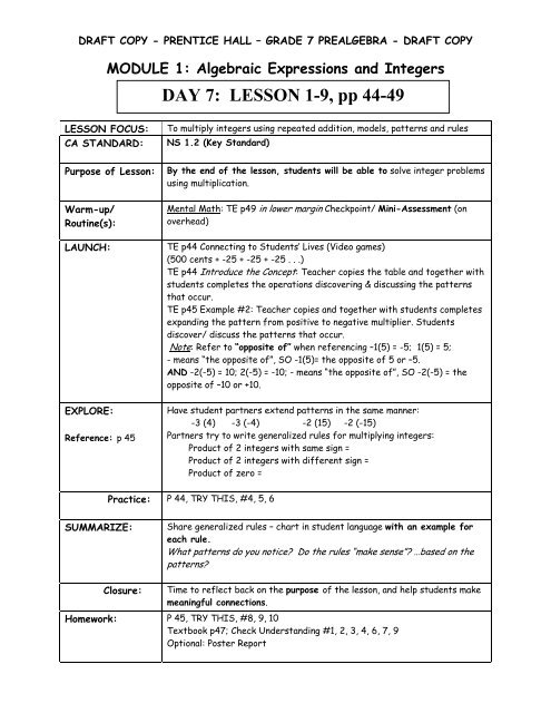 PRE-ALGEBRA GRADE 7 Module 1 - San Diego City Schools