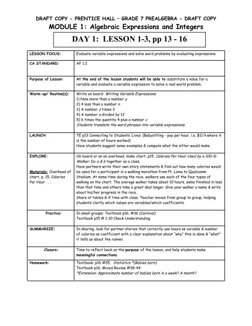 PRE-ALGEBRA GRADE 7 Module 1 - San Diego City Schools