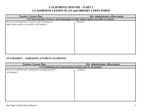 Classroom Lesson Plan and Observation Form - San Diego City ...
