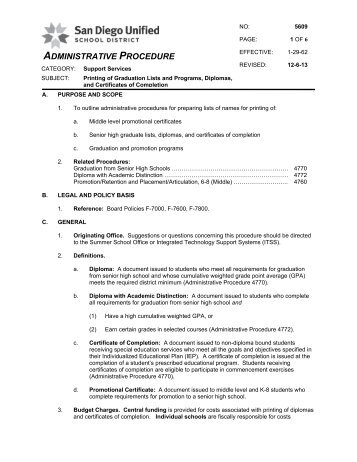 Administrative Procedure 5609 - San Diego City Schools