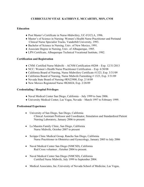 CURRICULUM VITAE KATHRYN E. MCCARTHY, MSN, CNM ...