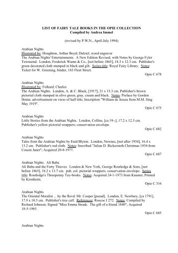 LIST OF FAIRY TALE BOOKS IN THE OPIE ... - Bodleian Libraries