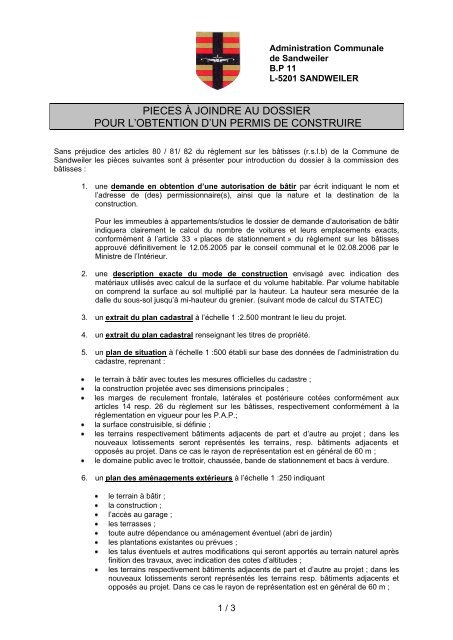 Documents à produire pour une autorisation de bâtir - Sandweiler