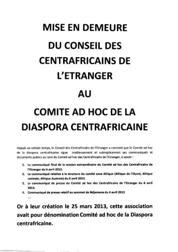 Mise en demeure du Conseil des Centrafricains de l ... - Sangonet