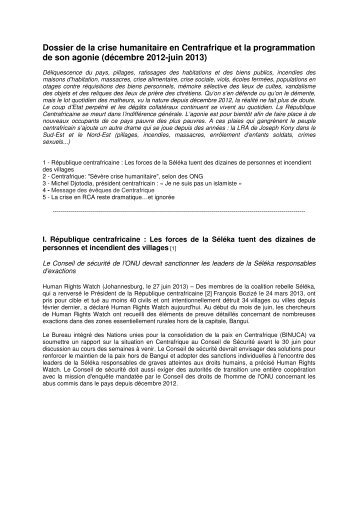 Dossier de la crise humanitaire en Centrafrique et la ... - Sangonet