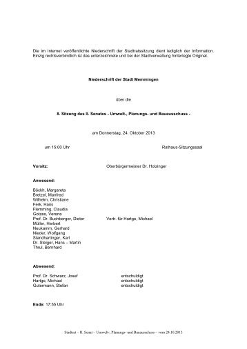 Die im Internet veröffentlichte Niederschrift der ... - Stadt Memmingen