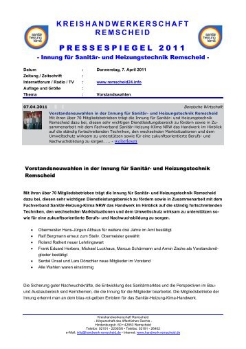 Vorstandsneuwahlen in der Innung fÃ¼r SanitÃ¤r- und Heizungstechnik