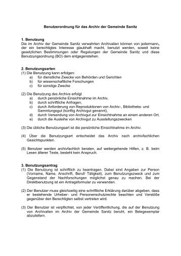 Benutzerordnung fÃ¼r das Archiv der Gemeinde Sanitz 1. Benutzung ...