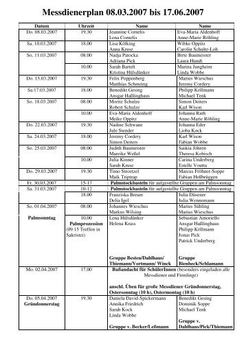 Messdienerplan 08.03.2007 bis 17.06.2007