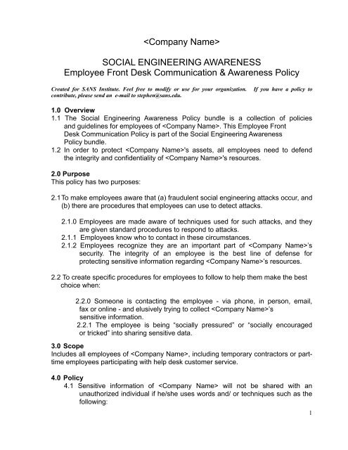 View Social Engineering Awareness Policy Sans Institute