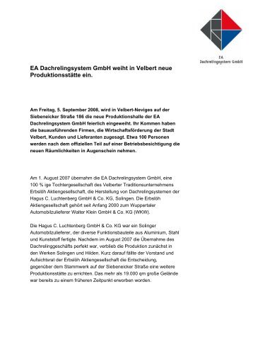 EA Dachrelingsystem GmbH weiht in Velbert neue ... - wkw.de