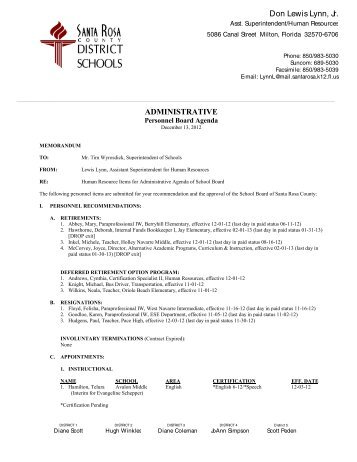 Admin Agenda Dec. 13, 2012 - Santa Rosa County School District