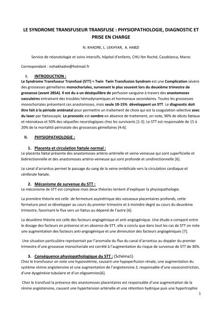 le syndrome transfuseur transfuse : physiopathologie, diagnostic et ...