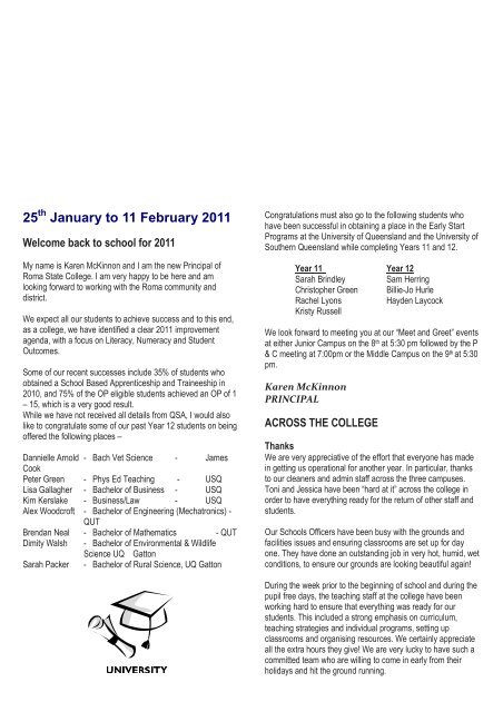 25 January to 11 February 2011 - Roma State College - Education ...