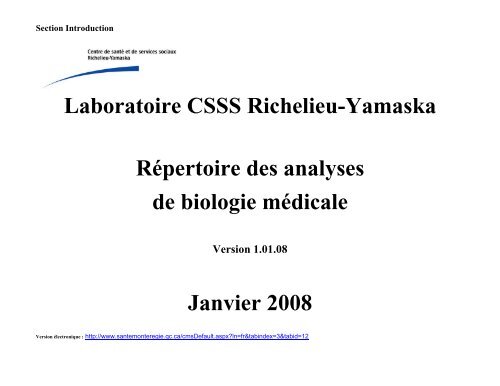 Laboratoire CSSS Richelieu-Yamaska Répertoire des analyses ...