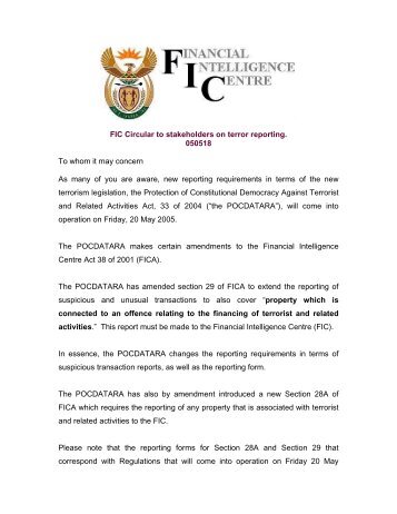 FIC Circular to stakeholders on terror reporting - Financial ...
