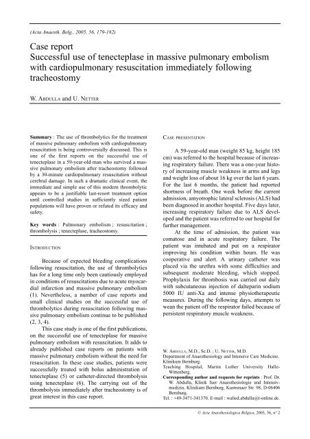 Case report Successful use of tenecteplase in massive pulmonary ...