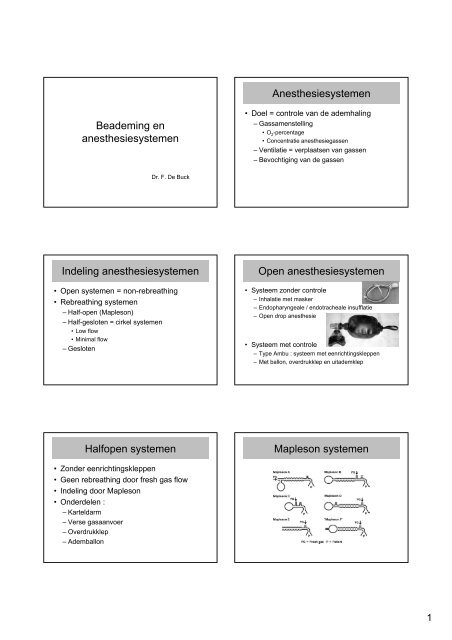 Beademing en anesthesiesystemen Anesthesiesystemen Indeling ...