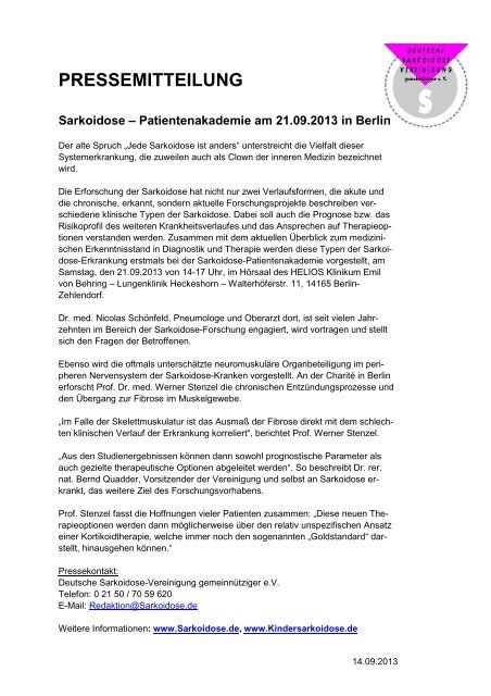 PRESSEMITTEILUNG - Deutsche Sarkoidose-Vereinigung e.V.