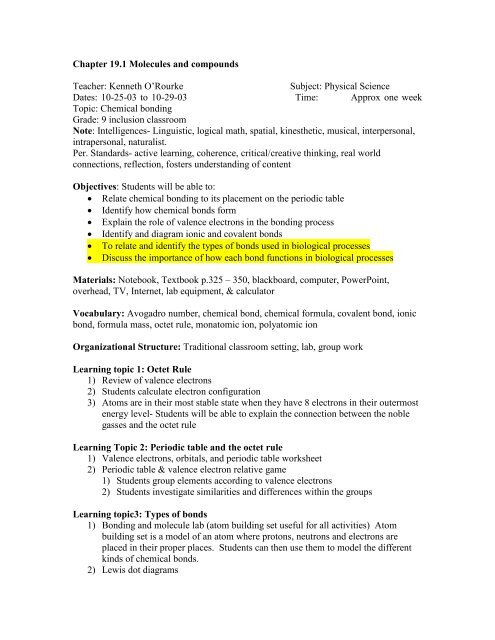 Chapter 19.1 Molecules and compounds Teacher: Kenneth O ...