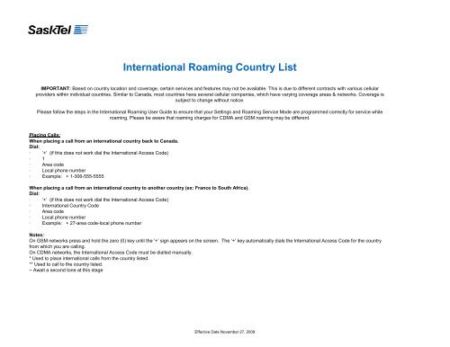 International Roaming Country List - SaskTel