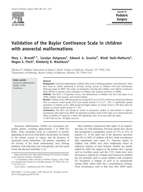 Validation of the Baylor Continence Scale in children - ResearchGate