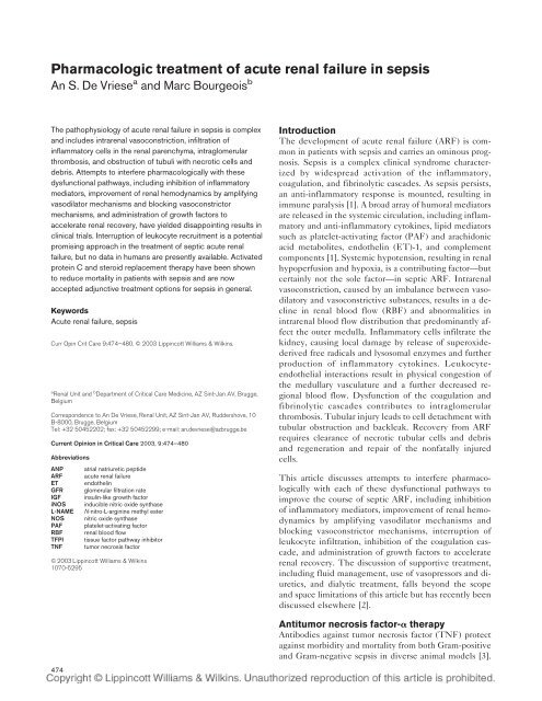 Pharmacologic treatment of acute renal failure in sepsis - SASSiT