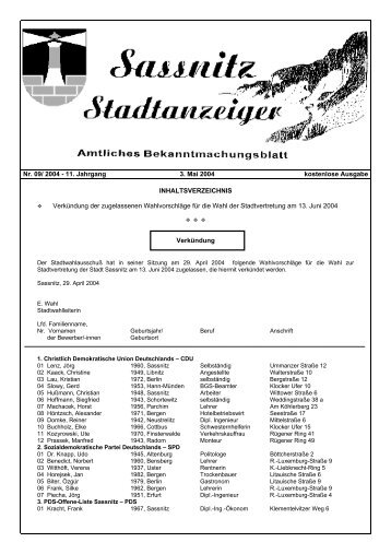 Verkündung der zugelassenen Wahlvorschläge für die ... - Sassnitz