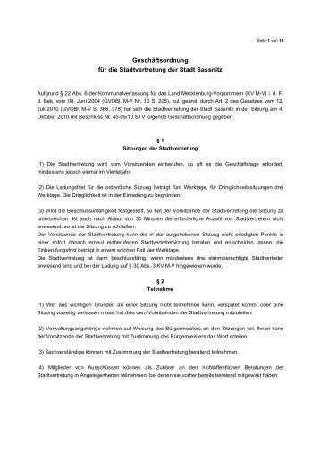 Geschäftsordnung der Stadtvertretung der Stadt Sassnitz und ihrer ...