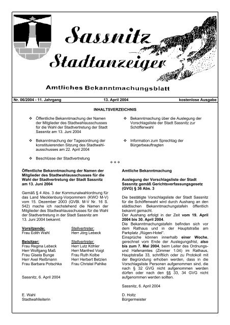 Nr. 06/2004 - 11. Jahrgang 13. April 2004 kostenlose ... - Sassnitz