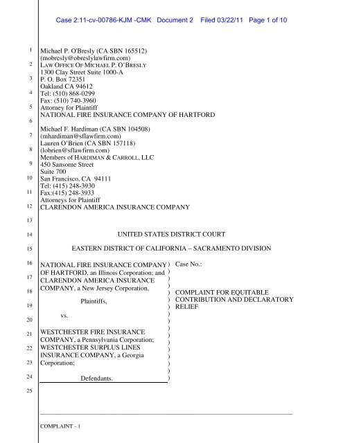 National Fire Insurance Co Of Hartford V Westchester Complant Pdf