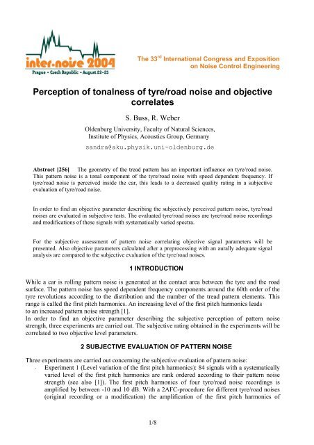 Perception of tonalness of tyre/road noise and objective ... - Acoustics