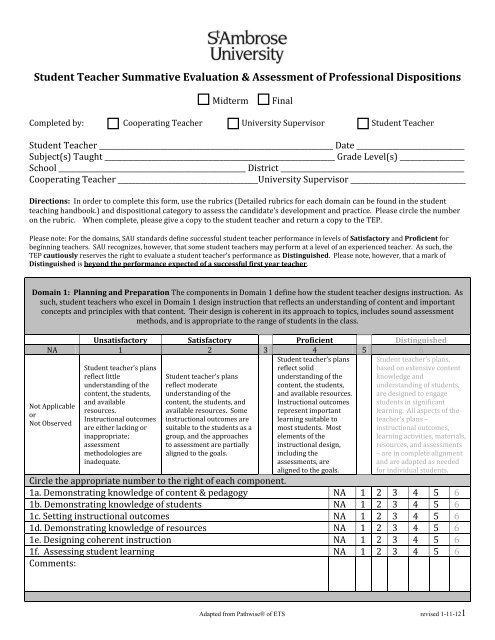 Student Teacher Summative Evaluation & Assessment of ...