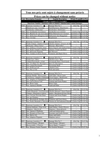 Tous nos prix sont sujets Ã  changement sans prÃ©avis Prices can be ...