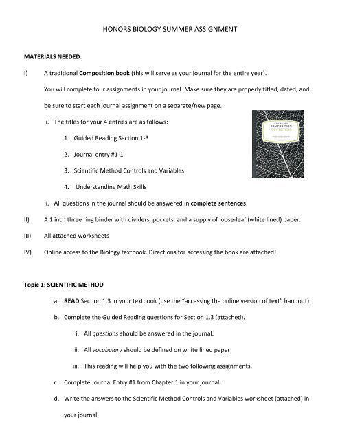 honors biology summer assignment - Saugus Public Schools