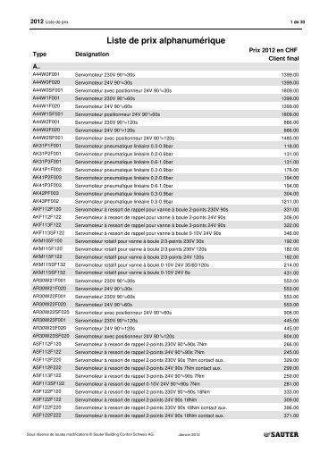 Liste de prix alphanumÃ©rique - Sauter Building Control Schweiz AG