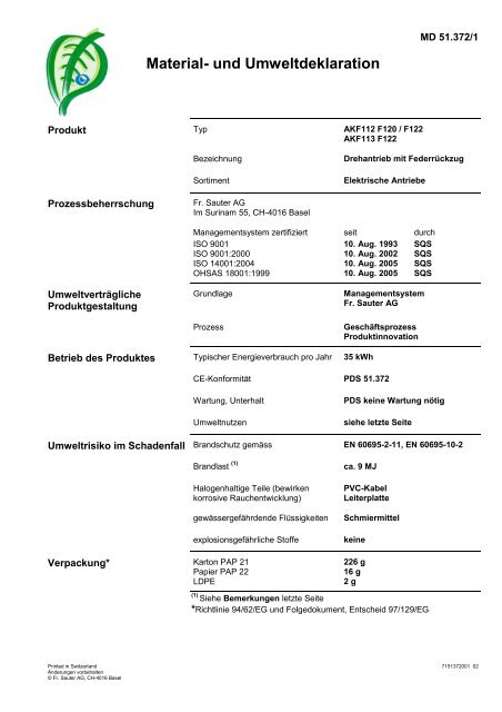 AKF112, 113: Drehantrieb mit Federrückzug - SAUTER AG