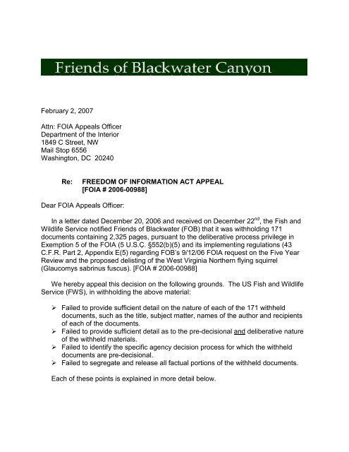 February 2, 2007 Attn: FOIA Appeals Officer Department of the ...